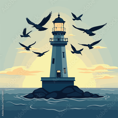 A radiant beacon on a dark, coastal landscape, the lighthouse stands tall on its island, casting its guiding light across the night sea