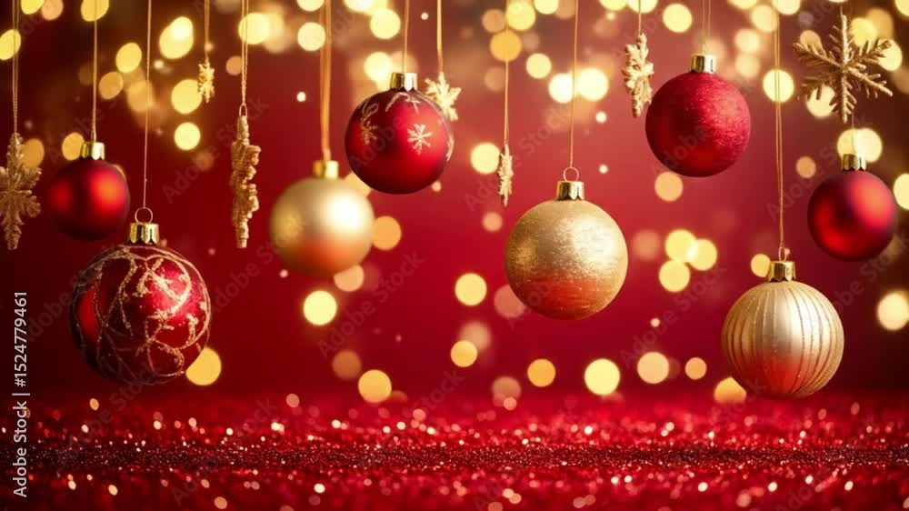 Elegant Christmas Ornaments suspended against a festive backdrop of sparkling lights, evoking the warmth and magic of the holiday season. Elegant Christmas Ornaments suspended against a festive backdrop of sparkling lights, evoking the warmth and magic of the holiday season.