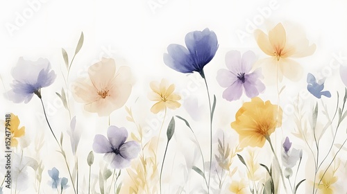 watercolor painting of blooming wildflowers in soft tones, white background,