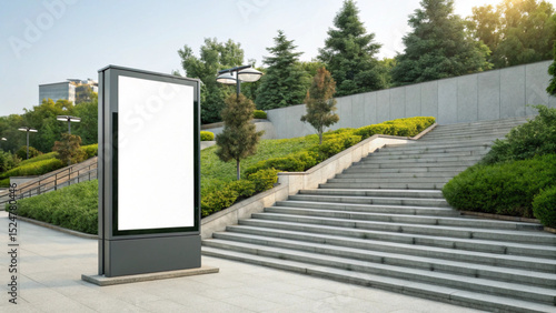 Blank billboard stands near concrete stairs in a park with trees and green bushes on a sunny day outdoors created with generated ai