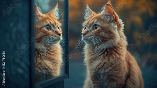 Kitten staring into a mirror reflecting a majestic lion, symbolizing self-belief