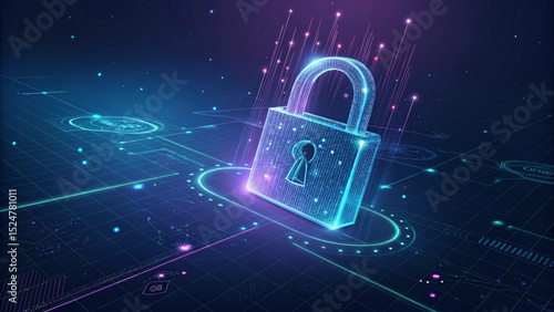 Digital padlock illuminated on a futuristic circuit board background with light trails and glowing particles created with generated ai