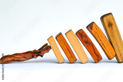 Wooden dominoes falling after being pushed by a piece of driftwood on a white background