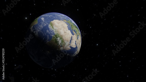 3D design of Earth in outer space with twinkling stars, showing the beauty of the universe. Suitable for background, wallpaper or creative projects.