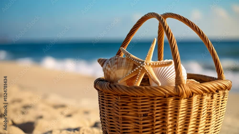 Woven basket filled with seashells and starfish sitting on the sandy beach near gentle ocean waves during bright sunny day.