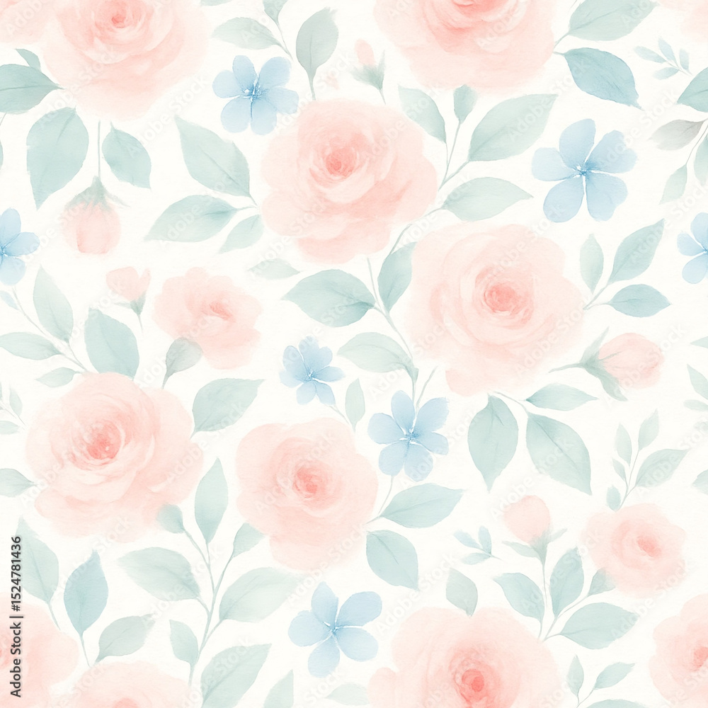 Fototapeta premium Seamless Watercolor Floral Pattern with Pastel Roses and Leaves 