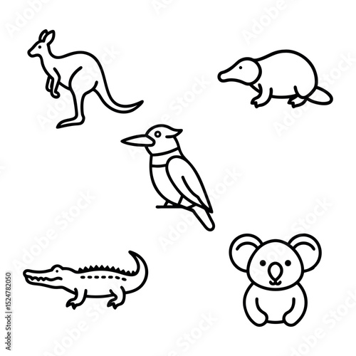 Famous Australian Animals Line Art Vector Set – Kangaroo, Koala, Platypus, Kookaburra, Crocodile