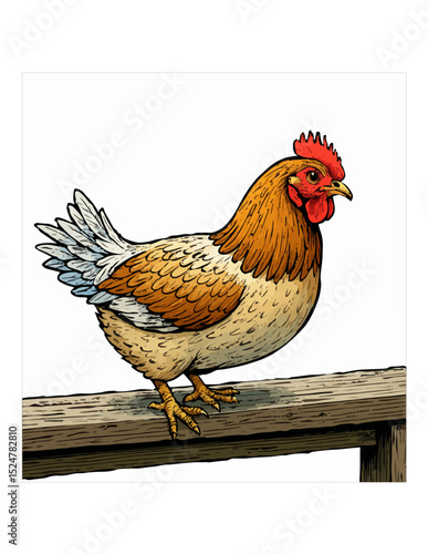Realistic illustration of a hen standing on a wooden surface.