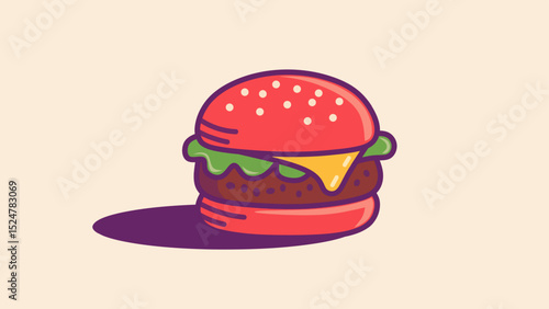 Burger with cheese, lettuce, and sesame bun in bold cartoon style. Flat pop-art design perfect for food banners, restaurant menus, fast food ads, and fun snack visuals.