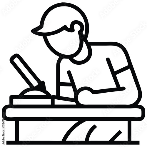 Drafting Table Icon Man at Desk with Drawing Tools in Line Art Style