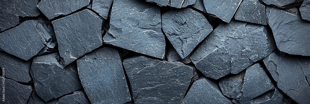 Fototapeta premium Dark slate stones arranged in an overlapping pattern, creating a textured, natural stone wall surface.