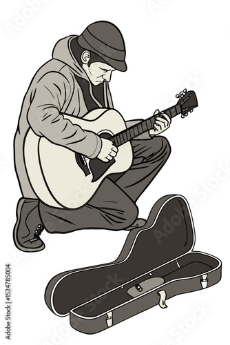 vector of a street musician playing acoustic guitar with open case for tips, white background
