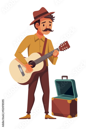 vector of a street musician playing acoustic guitar with open case for tips, white background
