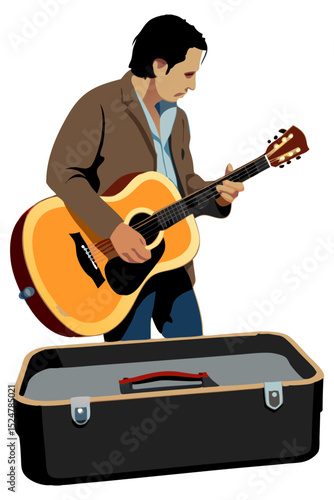 vector of a street musician playing acoustic guitar with open case for tips, white background
