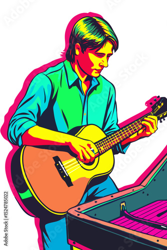 vector of a street musician playing acoustic guitar with open case for tips, white background

