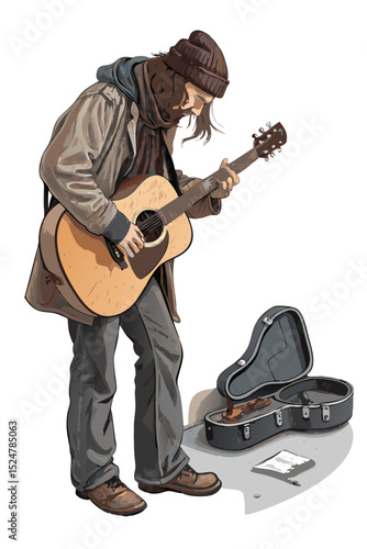 vector of a street musician playing acoustic guitar with open case for tips, white background

