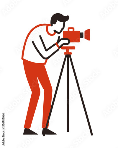 vector of a photographer adjusting camera on tripod, wearing casual clothing, isolated on white
