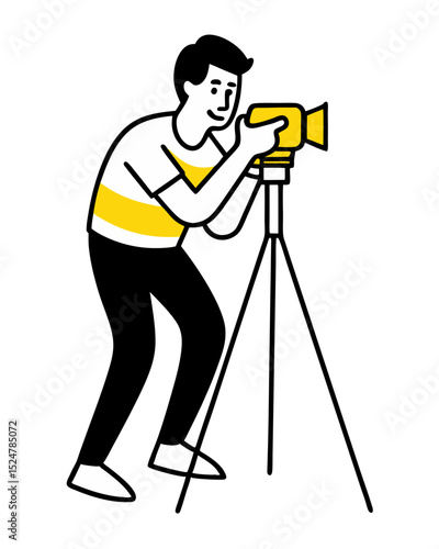 vector of a photographer adjusting camera on tripod, wearing casual clothing, isolated on white
