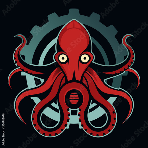 mechanical octopus logo with detailed tentacle design vector illustration