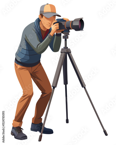 vector of a photographer adjusting camera on tripod, wearing casual clothing, isolated on white
