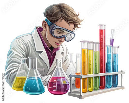 vector of a lab scientist wearing safety goggles, mixing colorful chemicals, white background
