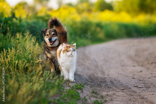 Canvas Print a couple of furry friends cat and dog walking near on the road in the summer in