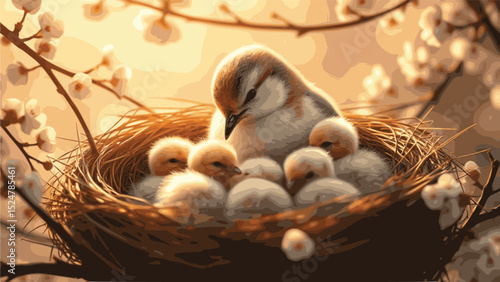 A vector image of a gentle mother bird cradling her fluffy chicks in a soft, glowing nest, surrounded by golden morning light and delicate cherry blossom petals