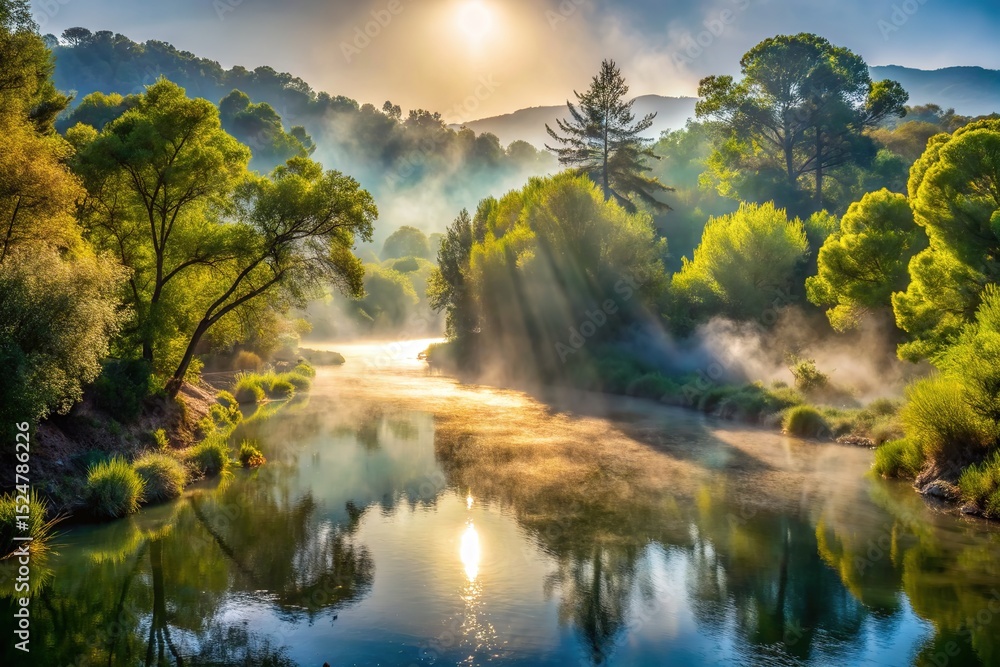 custom made wallpaper toronto digitalSerene Sunrise Over Misty River Valley with Lush Trees