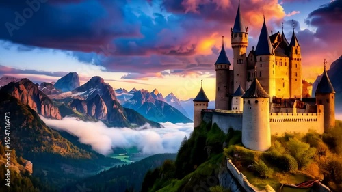 Wallpaper Mural Majestic castle towers atop a verdant hill, overlooking a landscape of mountains shrouded in fog at sunset, enhanced by vibrant sky. Torontodigital.ca