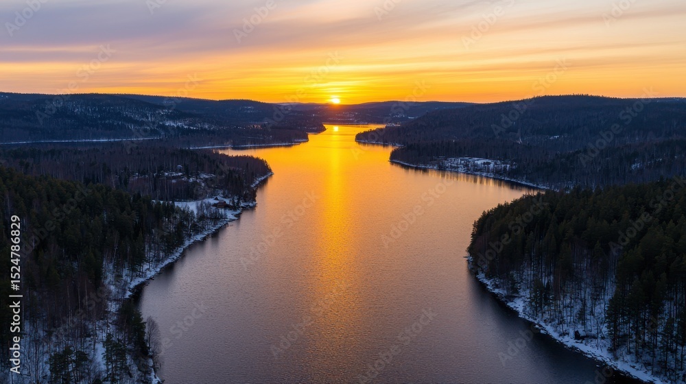 Fototapeta premium Breathtaking Aerial Panoramic Serene Golden Sunrise Landscape Concept. Majestic Sunset Over Calm River Surrounded by Scenic Forest Landscape in Winter Season