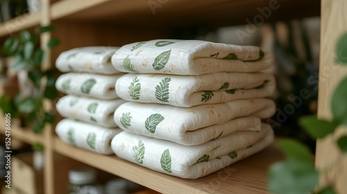 Stacked baby diapers on wooden shelves