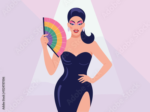 Elegant Drag Queen in Black Dress with Rainbow Hand Fan Vector Illustration