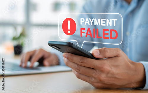 Man checking his smartphone for payment failures with important error notification alert