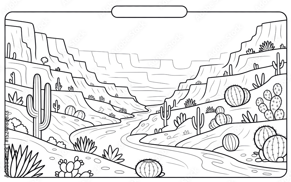 Obraz premium Desert Canyon Coloring Page with Cacti and River Landscape Art
