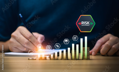 Risk management and financial investment planning strategy. Stacked coins growth chart with finance icons. Businessman analyzing risk factors to minimize loss and improve return on investment (ROI)
