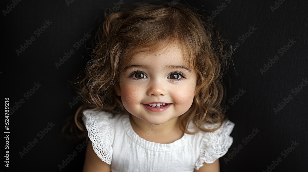 Close-up of a smiling young girl with curly hair and bright eyes against a dark background Close-up of a smiling young girl with curly hair and bright eyes against a dark background