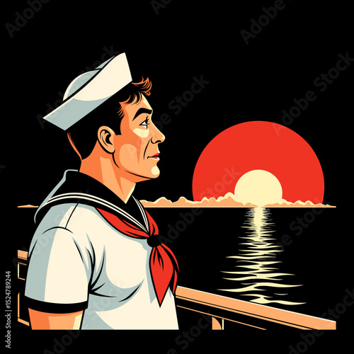 Sailor gazing at sunset over the ocean