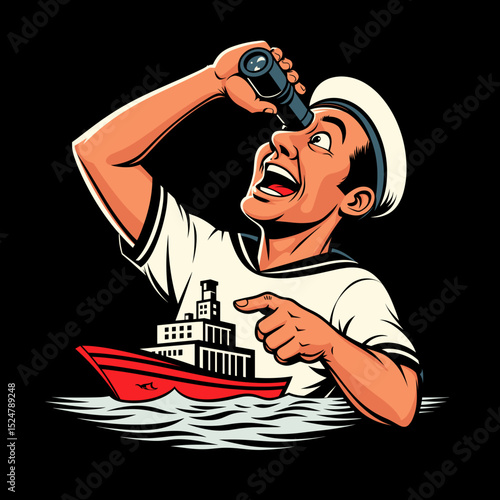 Sailor with binoculars excitedly spotting a ship in the ocean