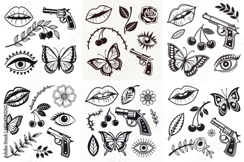 Vintage Tattoo Flash Designs Lips, Guns, Butterflies, and More
