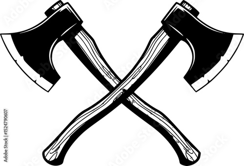 Two crossed black axes with sharp, curved blades and long wooden handles