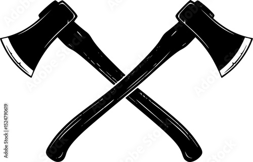 Two crossed black axes with sharp, curved blades and long wooden handles