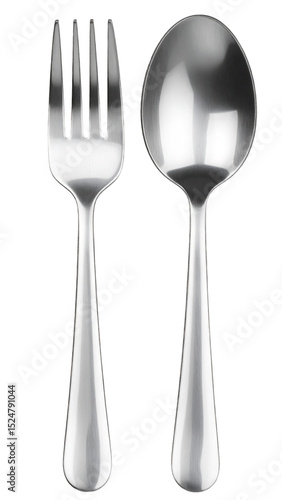 realistic stainless steel spoon and fork mockup, top view, isolated on transparent background, high detail