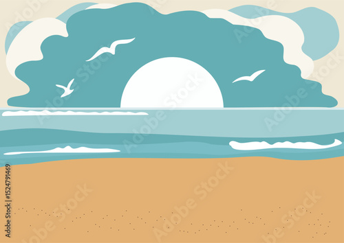 Stylized beach sunset with seagulls flying over the ocean. Coastal landscape art for vacation and summer travel concept.