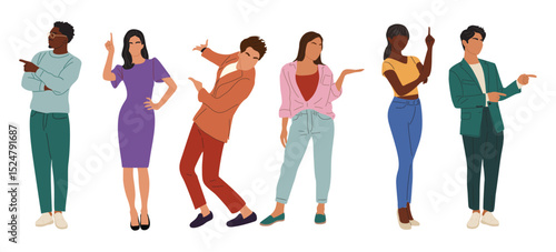 Set of full-length vector illustrations of diverse people pointing side and up, showing directions, presenting products and services, isolated on transparent background for marketing and business use