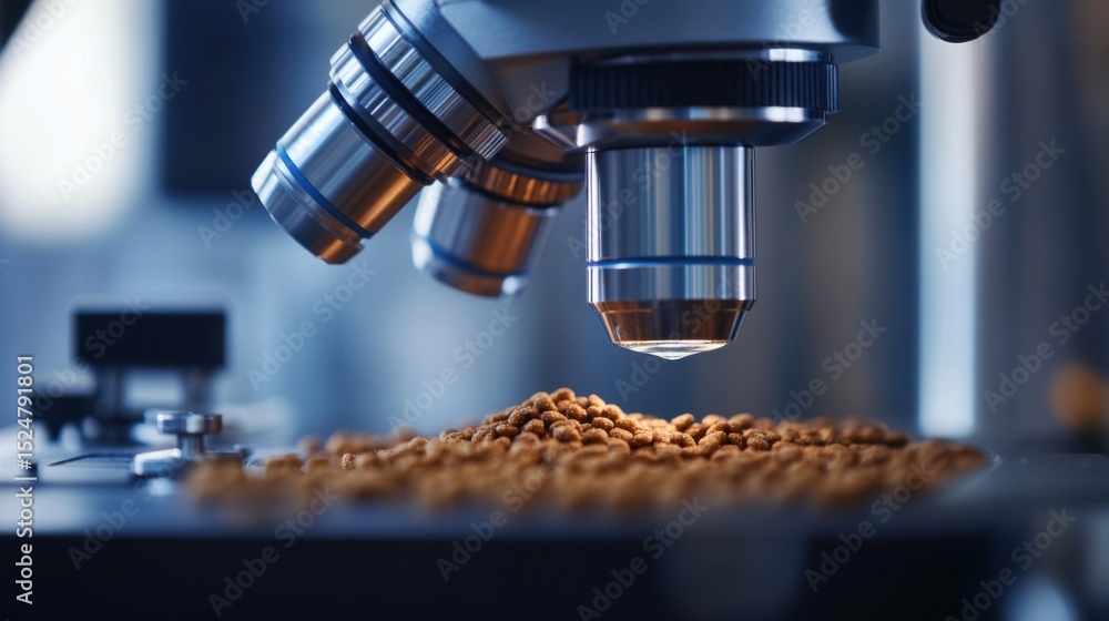 Close-up of kibble being analyzed under a microscope, with precision machinery controlling Close-up of kibble being analyzed under a microscope, with precision machinery controlling