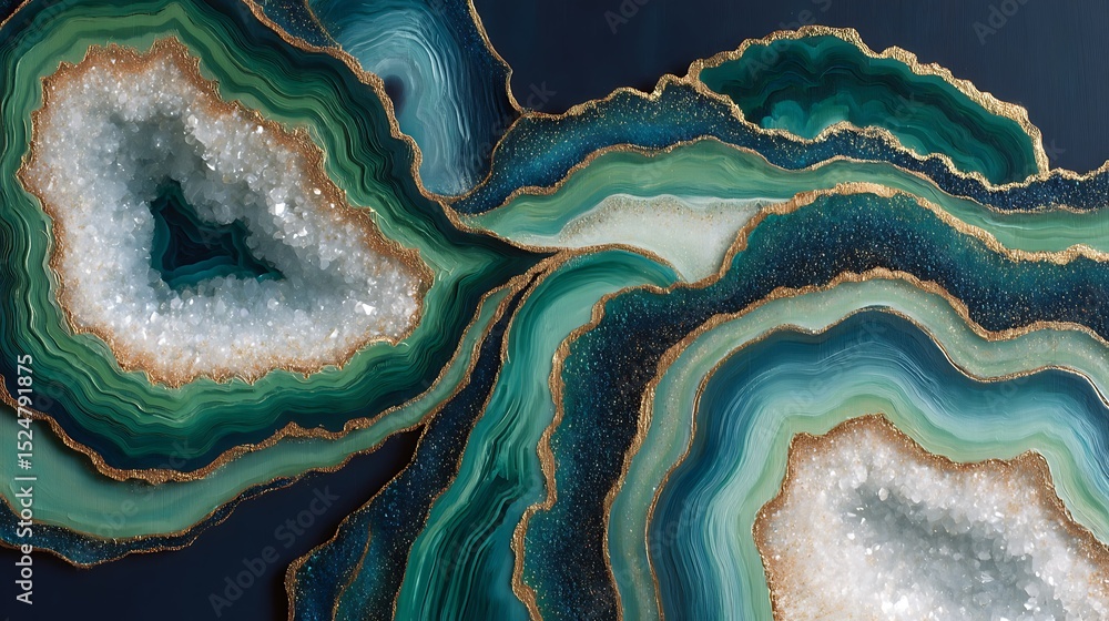 Obraz premium Abstract geode design in teal, green, and gold with crystal formations for modern backgrounds