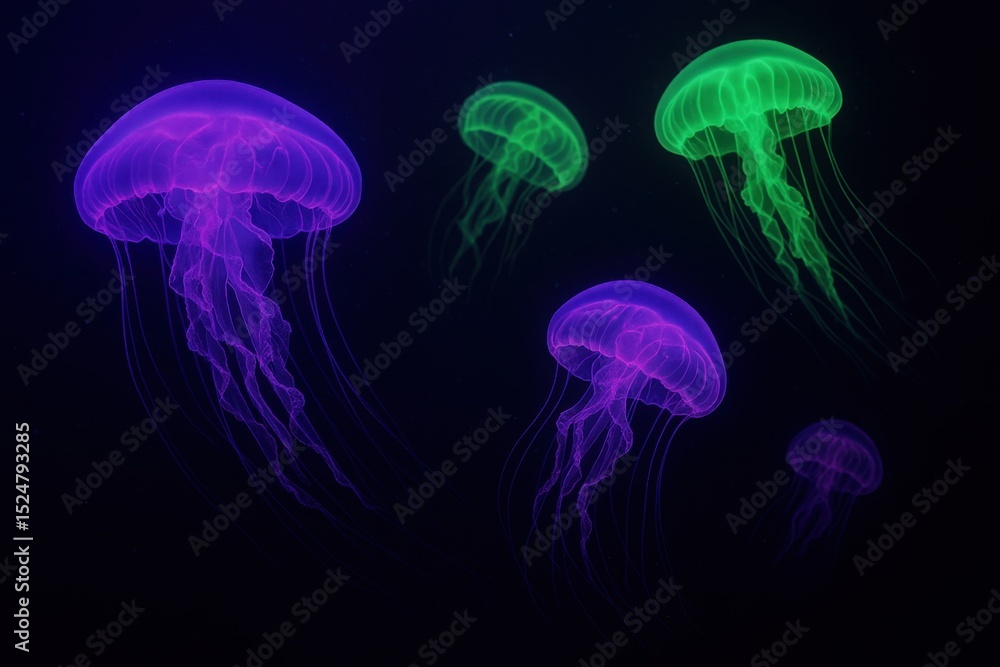 An Underwater Scene Where Jellyfish Glow in Neon Purple and Green Against a Deep Blue Background – Enchanting Visualization for Artistic Realism An Underwater Scene Where Jellyfish Glow in Neon Purple and Green Against a Deep Blue Background – Enchanting Visualization for Artistic Realism