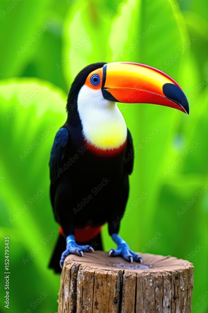 Fototapeta premium Colorful toucan on wooden post against green foliage