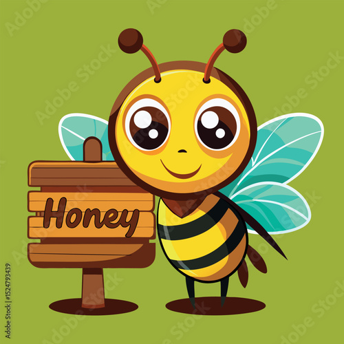 Cartoon Bee Character Leaning on Honey Sign, Vector Illustration on Green Background