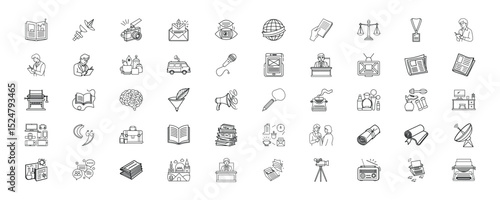 Collection of modern journalism and communication icons depicting news media and reporting symbols